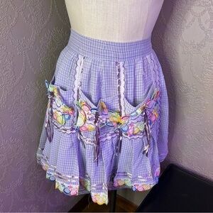Lavender Plaid apron with Floral Accents vintage handmade lace appliqué